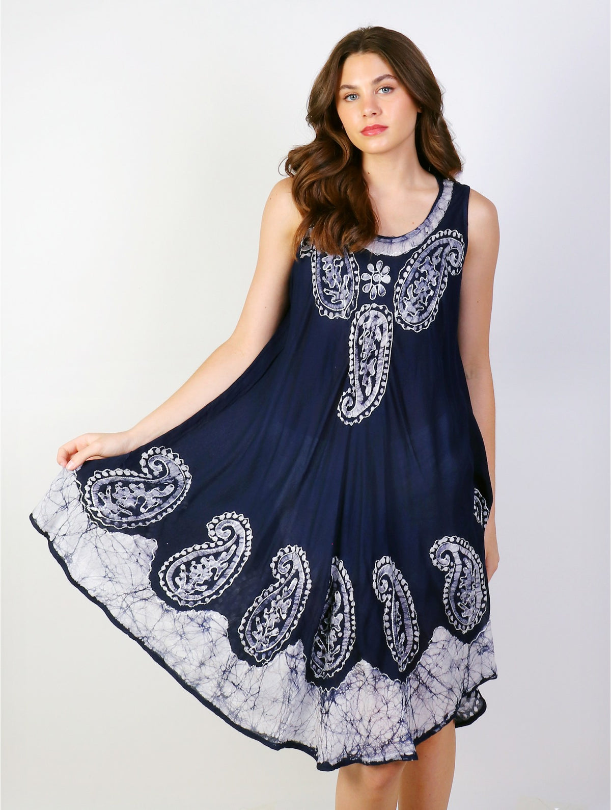 Embroidered Sleeveless Sun Dresses/NAVY AND WHITE