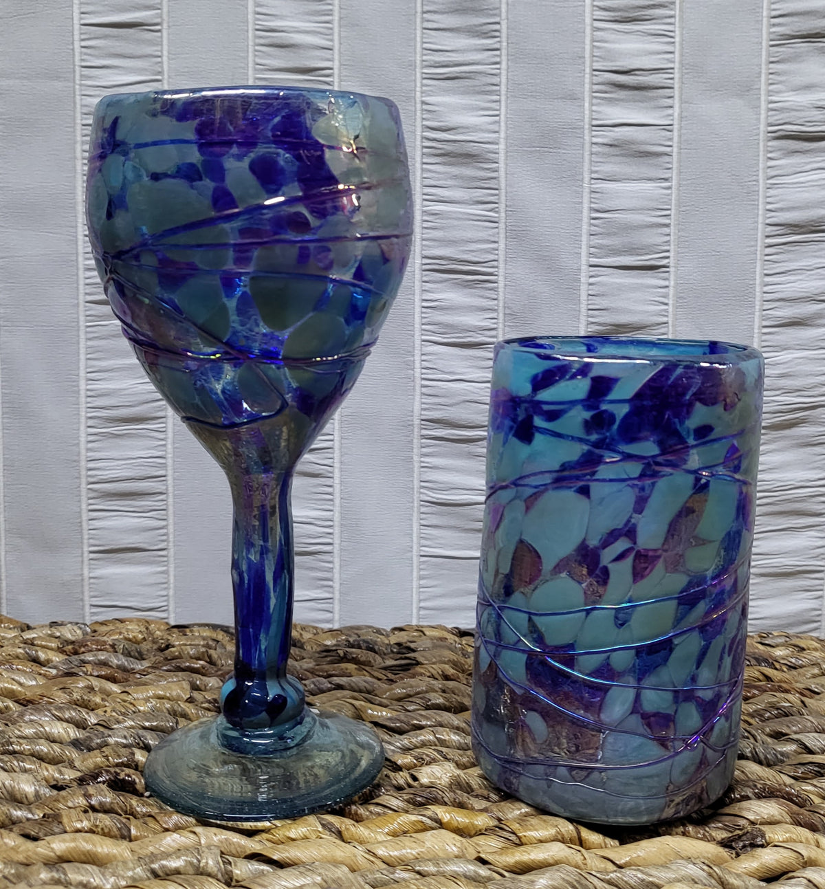 Mexican Hand Blown Blue Wine/Drinking Glasses With Raised Swirl