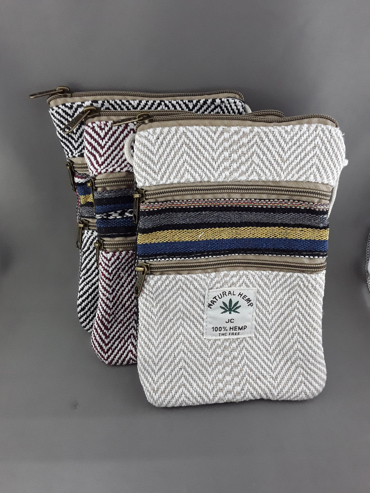 Small Three Pocket Crossbody Hemp Bags (Striped)