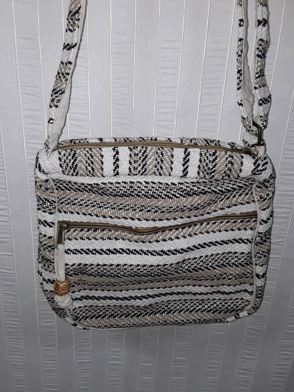 Striped Front Zipper Hemp Bag