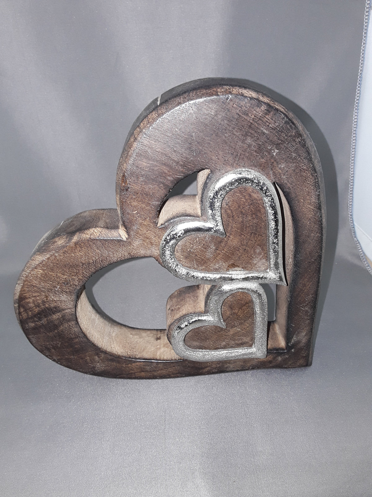 Wood Heart With Wooden And Metal Inlay