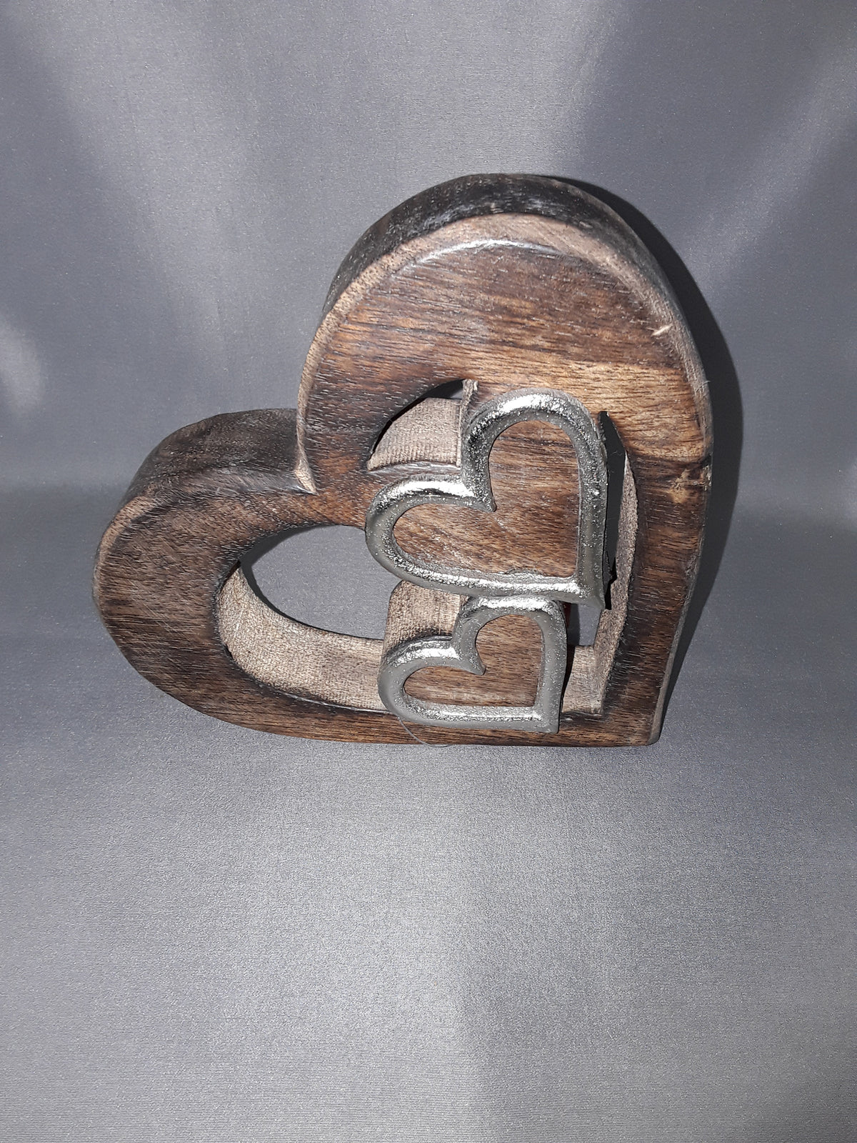 Wood Heart With Wooden And Metal Inlay