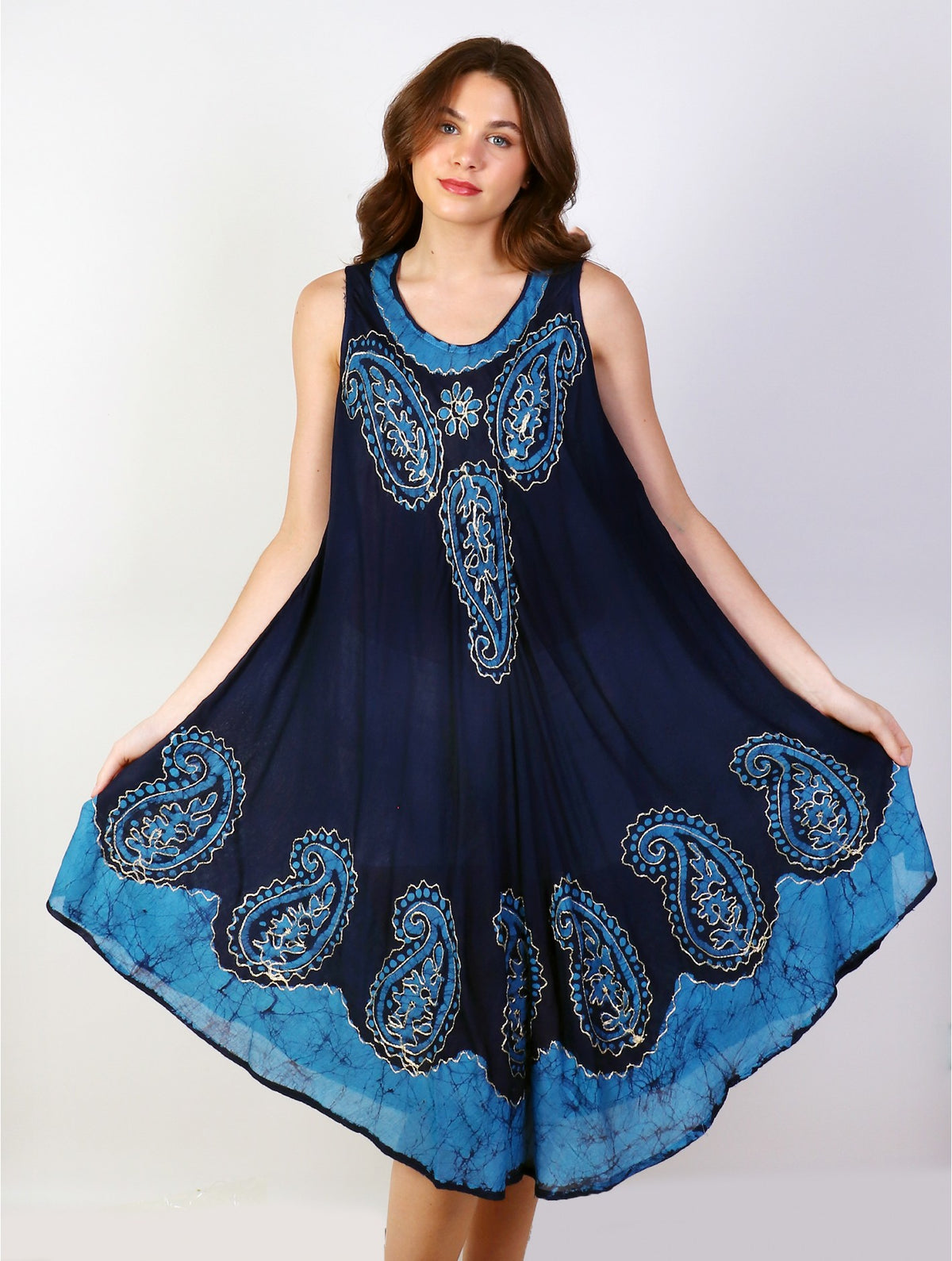 Embroidered Sleeveless Sun Dresses/NAVY AND BLUE