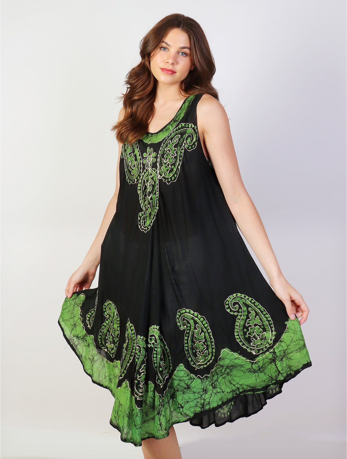 Embroidered Sleeveless Sun Dresses/GREEN AND BLACK