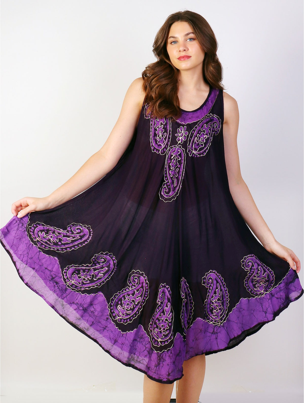 Embroidered Sleeveless Sun Dresses/PURPLE AND BLACK