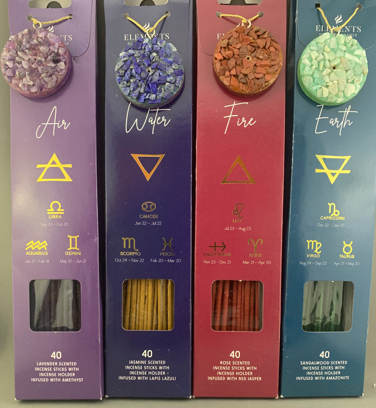 “Elements”  Incense Including a Round Holder Embedded With Crystals