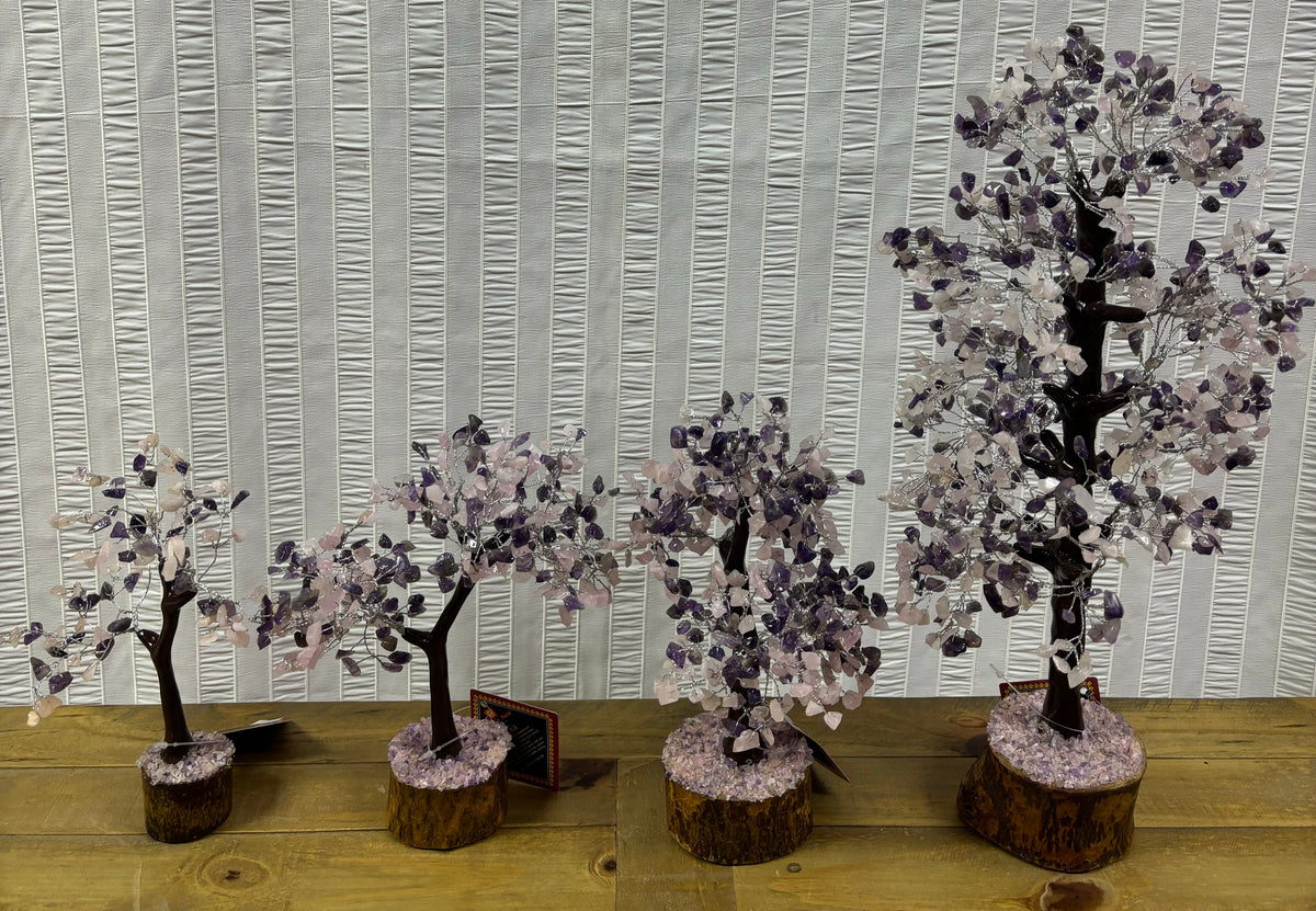 Amethyst and Rose Quartz Trees Adorned With Crystals