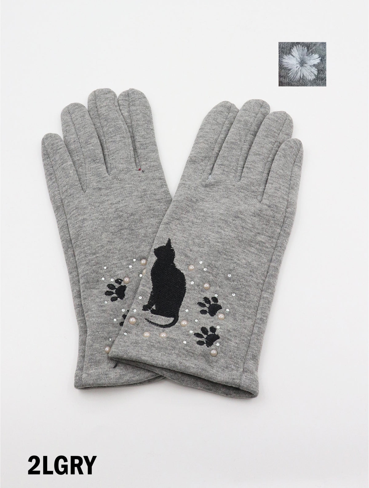 Cat Print Touch Screen Glove W/ Rhinestone &amp; Pearls