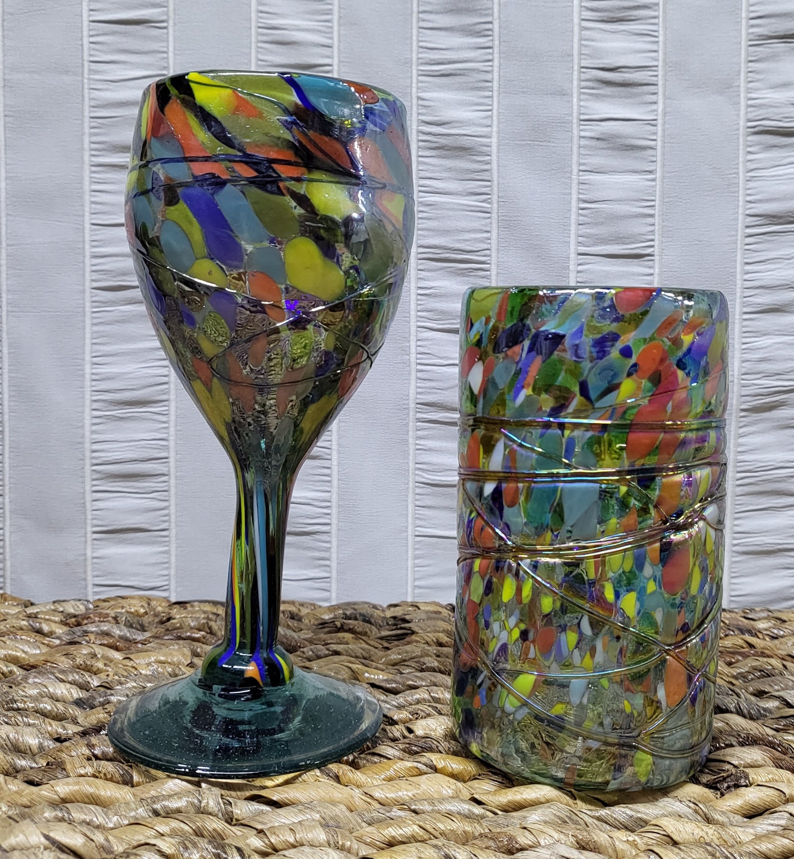 Mexican Hand Blown Multi Coloured Wine /Drinking Glasses With Raised Swirl - Birdie’s Nest Inc 