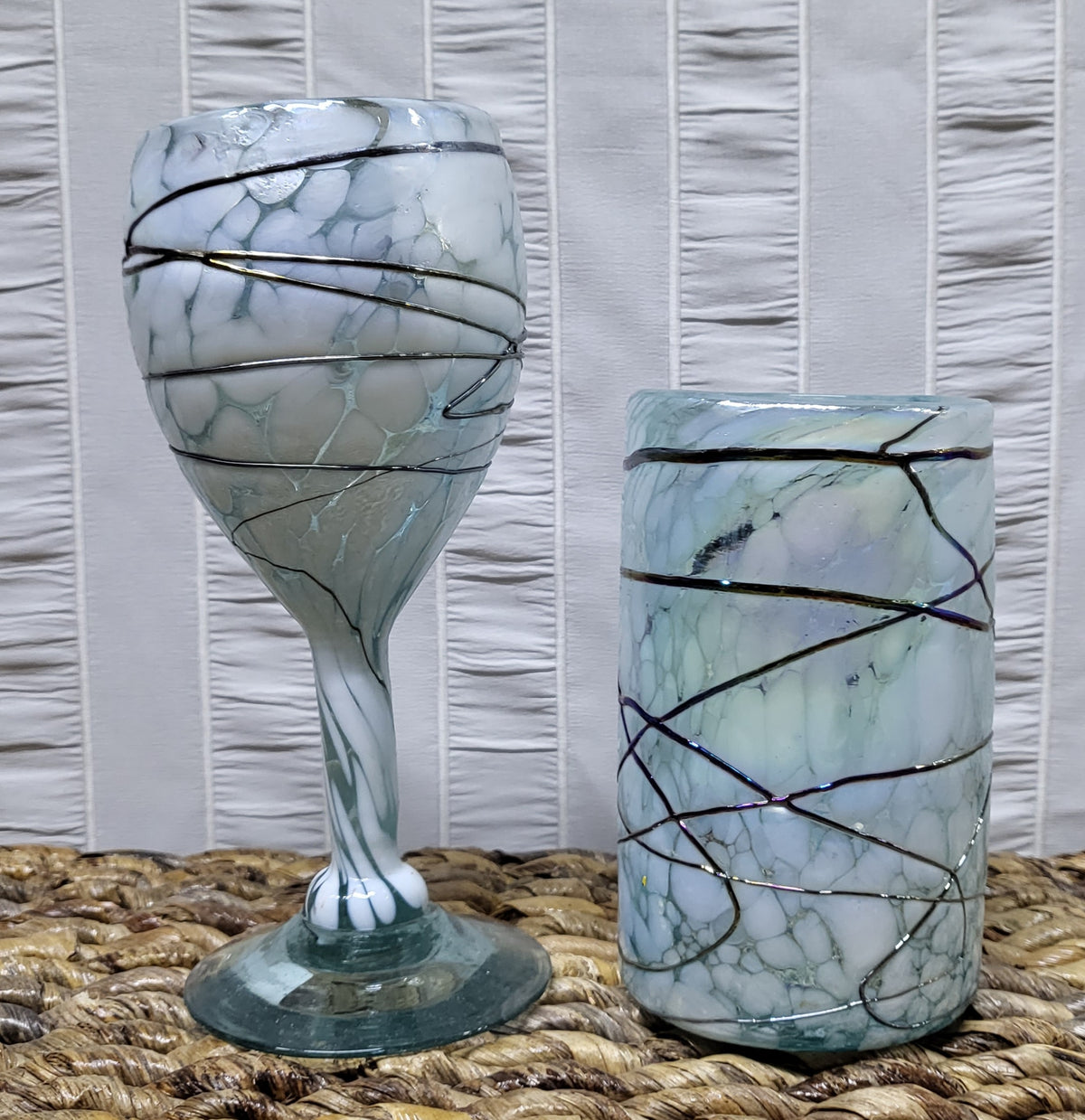 Mexican Hand Blown Wine/Drinking Glasses With Raised Irridescent Swirl