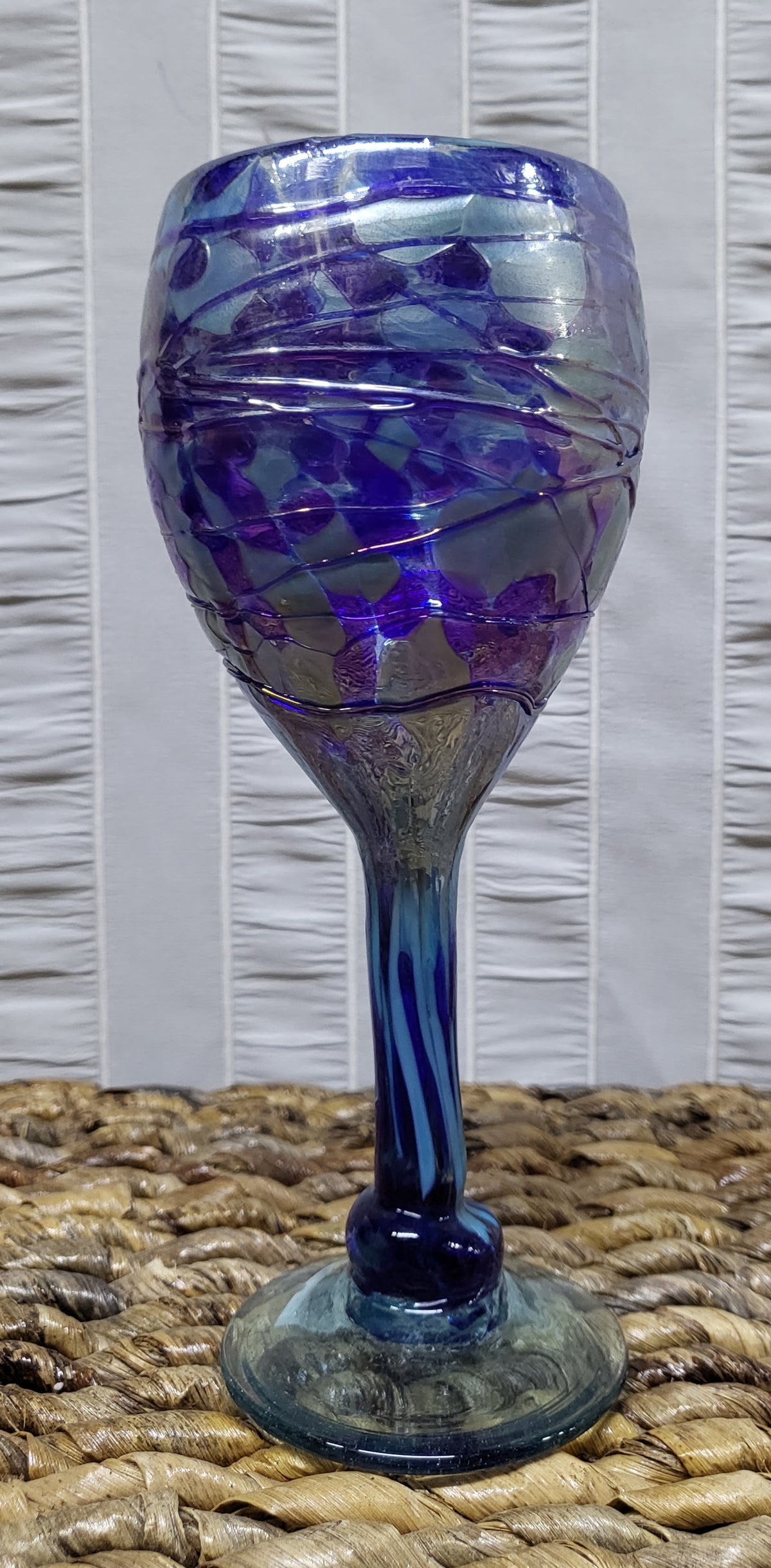 Mexican Hand Blown Blue Wine/Drinking Glasses With Raised Swirl