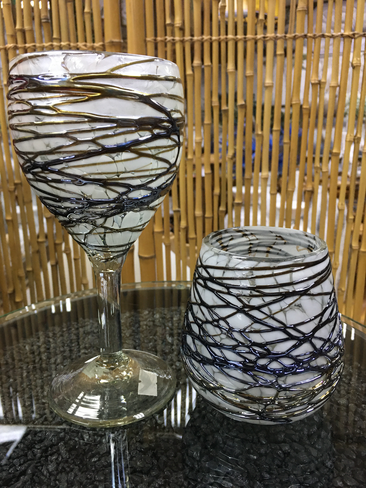 Mexican Hand Blown Wine Glasses / Iridescent Pewter