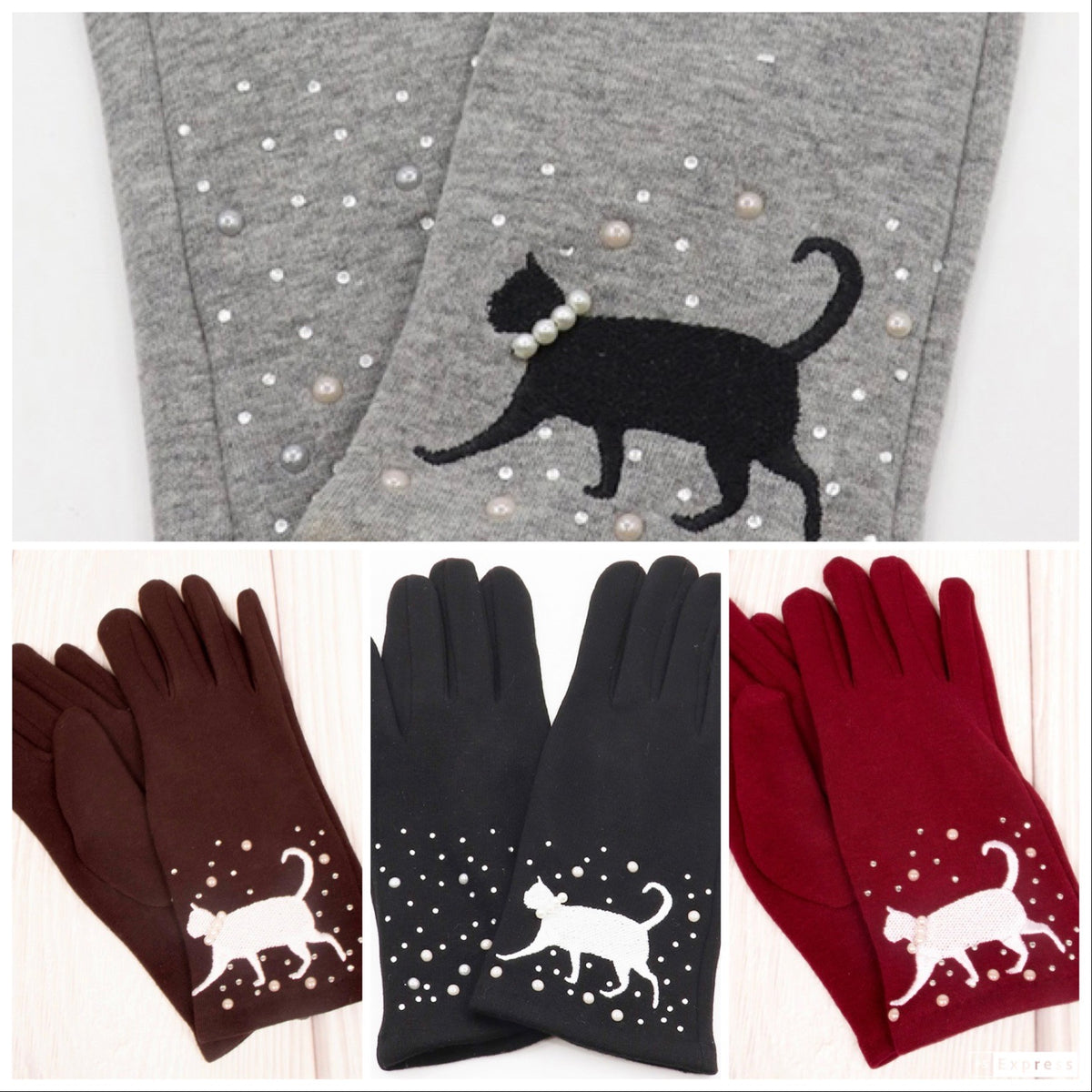 Gloves/ Pearls and Rhinestones with Cat Motif