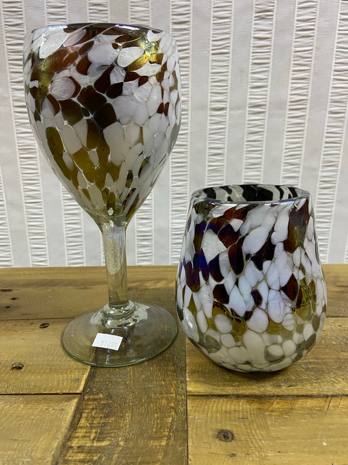 Mexican Hand Blown Wine Glasses/White Lustre and Cafe